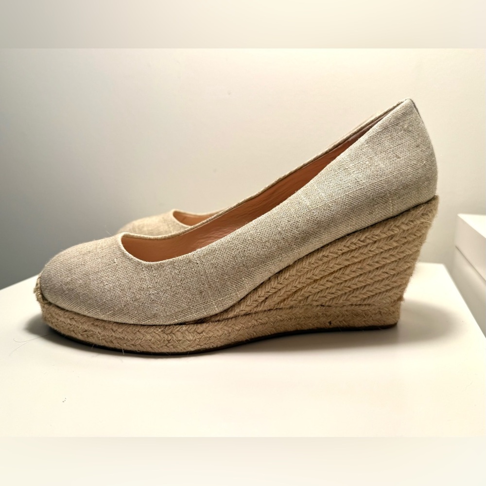 J. Crew Gold Fleck Beige Linen Espadrille Wedge Pumps - Size 9